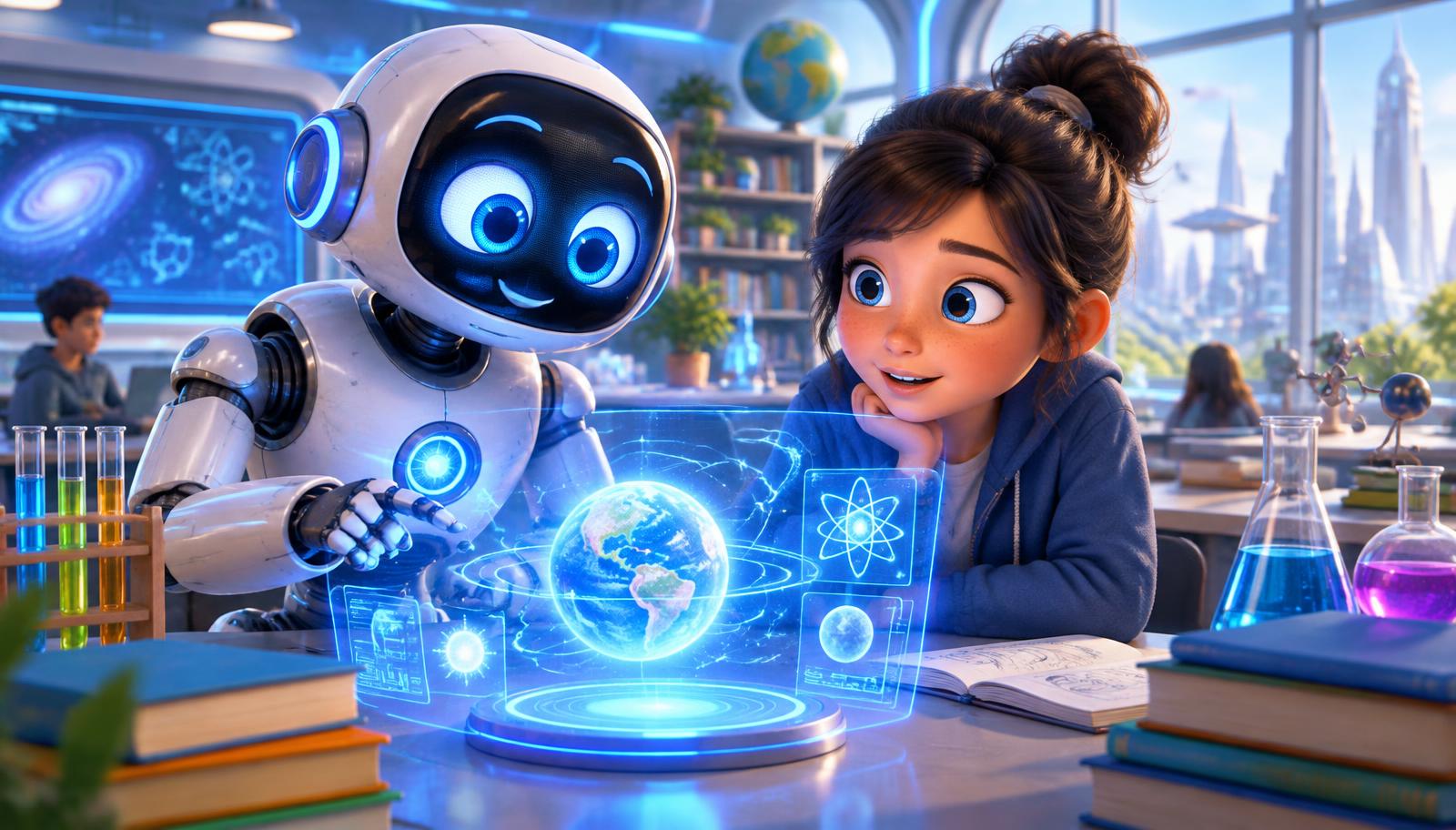 A robot and a girl exploring a holographic lesson