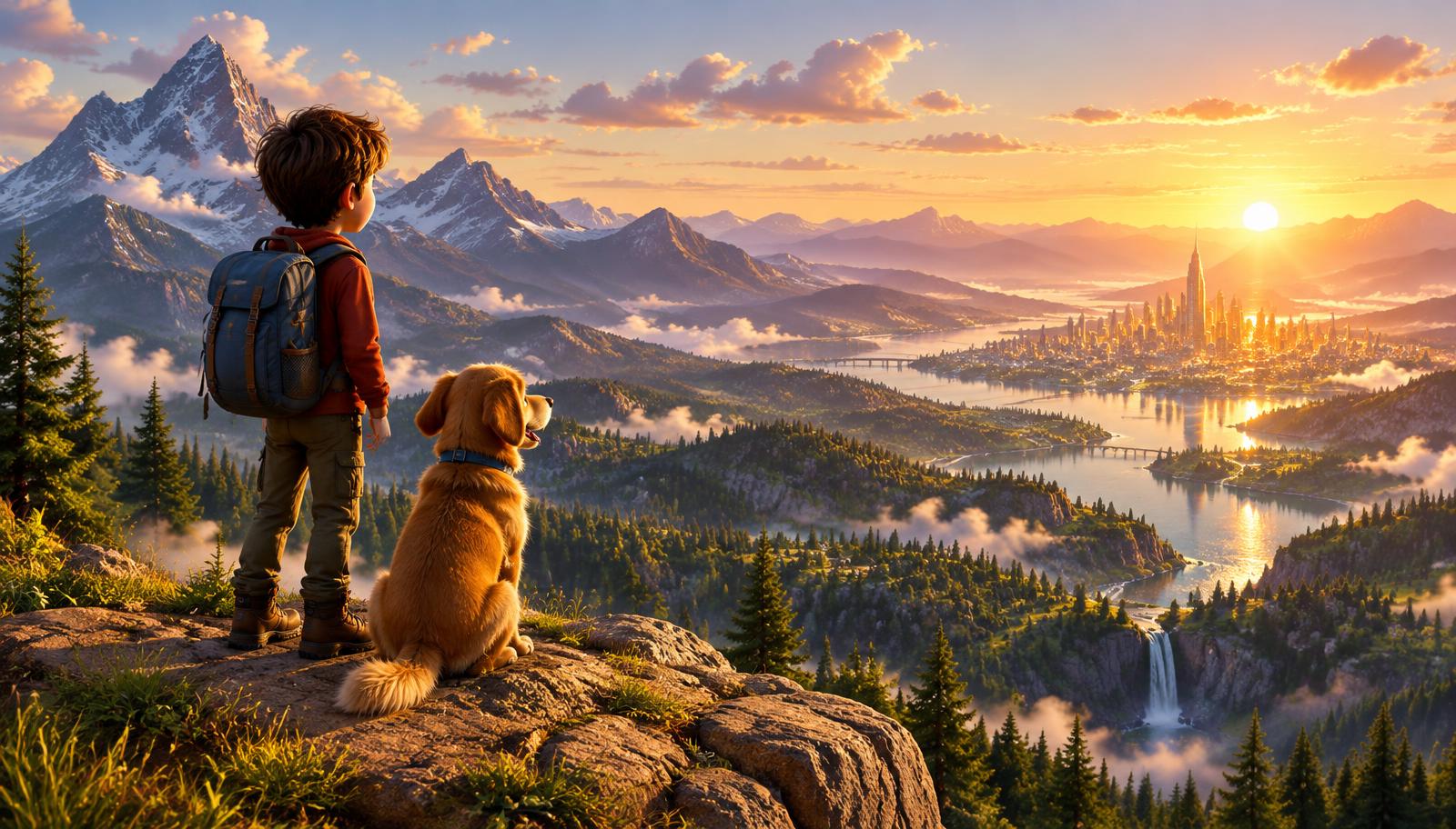 A boy and his dog overlooking a bright new world